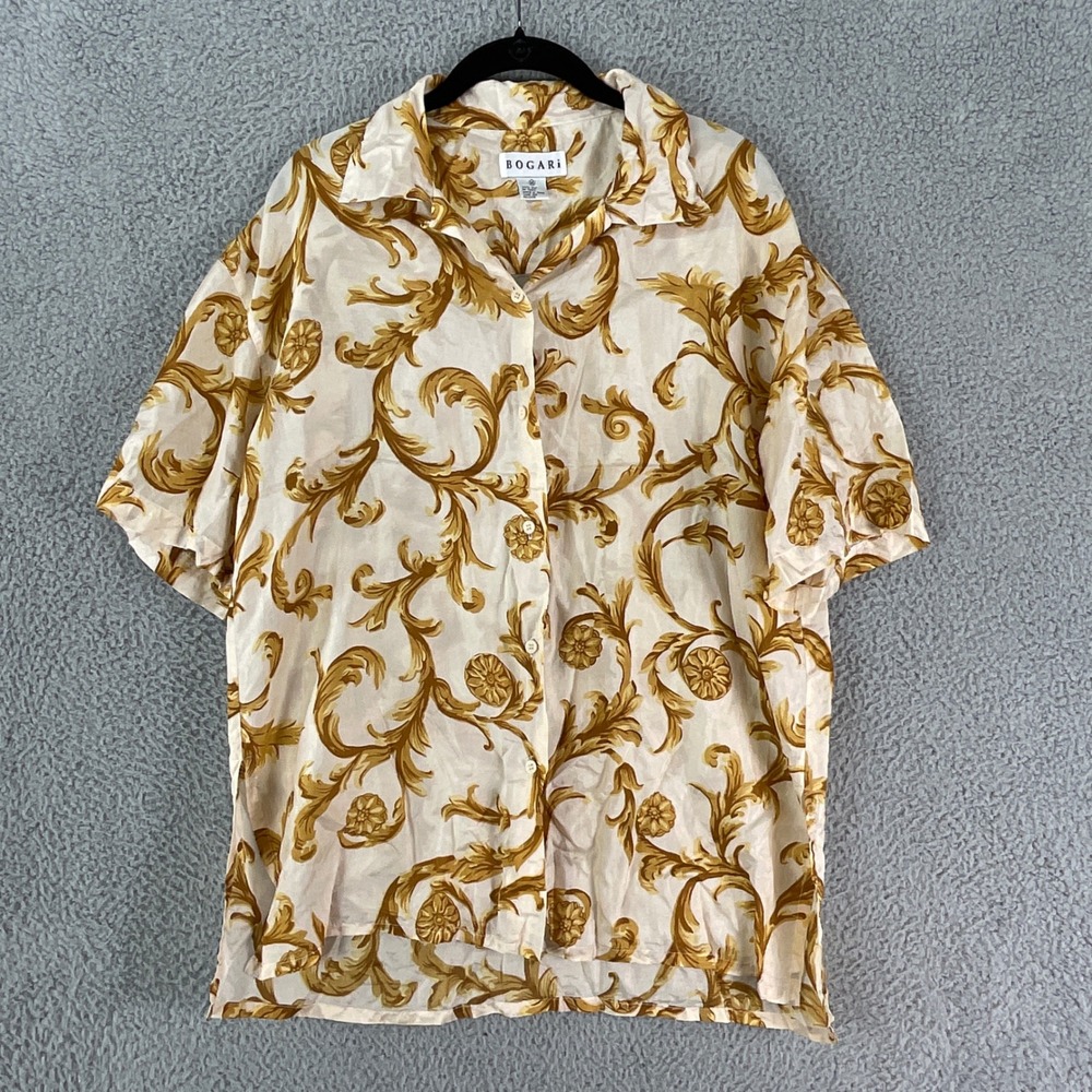 Vintage Bogari Baroque Gold Scroll Silk Button Up Shirt Women M Luxe Yacht Rock